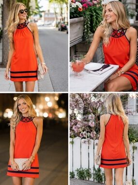 Monteau Orange Shift Dress with Navy Trim
